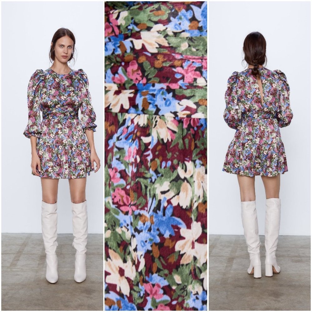 ZARA SATIN EFFECT FLORAL PLEATED EMPIRE WAIST RUFFLED HEM PUFF SLEEVE DRESS69.90